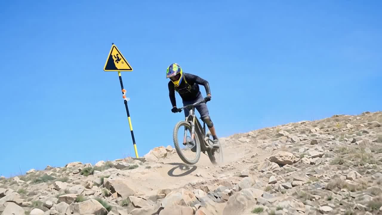 Mountain biker dropping into a rocky alpine descent at the Mega Avalanche