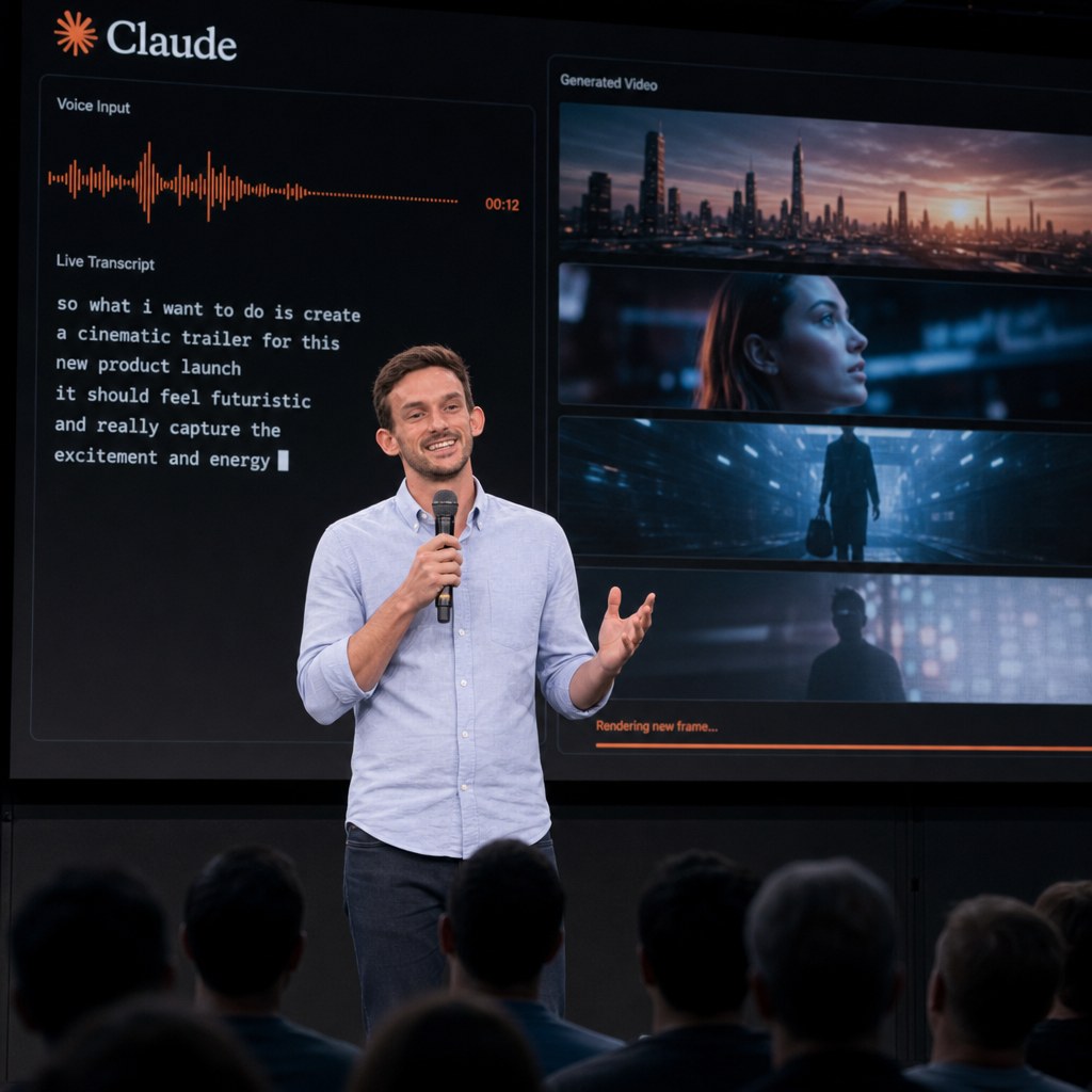 Jack on stage at a Claude community event, presenting voice-to-video: a live transcript on the left of the screen, video frames rendering on the right