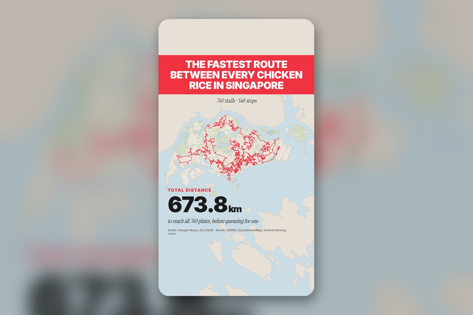 The chicken rice reel: every chicken rice stall in Singapore on a map, with the fastest route drawn between them